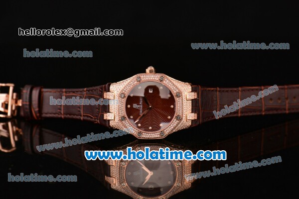 Audemars Piguet Royal Oak Lady Miyota OS2035 Quartz Rose Gold/Diamond Case with Brown Leather Bracelet and Brown Dial (EF) - Click Image to Close